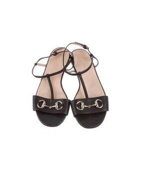 Gucci Black Horsebit Leather T-Strap Sandals Size 36.5 Italy